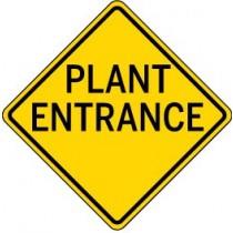 Yellow sign with 'PLANT ENTRANCE' text on a white background