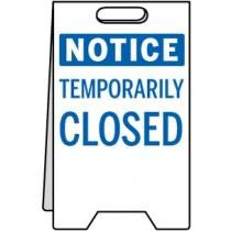 Notice sign indicating 'Temporarily Closed' with a blue background and white text.