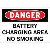 Safety sign warning about battery charging area and no smoking.