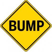 Yellow traffic sign with 'BUMP' text on a white background