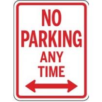 No Parking Any Time sign with red text and arrows on a white background