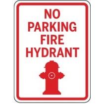 No parking fire hydrant sign with red text and fire hydrant icon on a white background