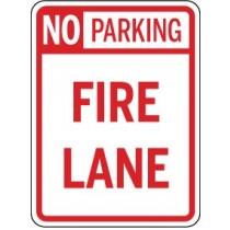 No Parking Fire Lane sign with red text on a white background