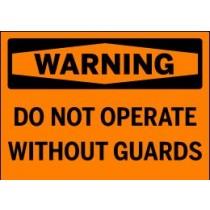 Warning sign on an orange background with black text.