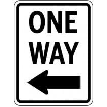 One Way traffic sign with an arrow pointing left on a white background