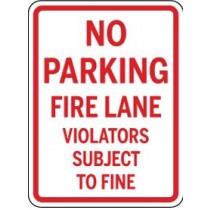 No parking fire lane sign with red text on a white background