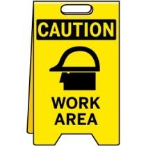 Yellow caution sign with black text and symbol indicating a work area.