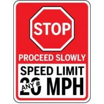 Traffic sign with stop symbol and speed limit information on a white background