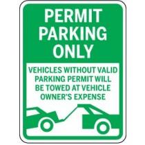 Green parking sign with white text and a car illustration, indicating permit parking only.