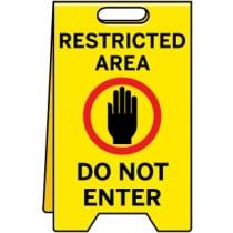 Yellow sign with black text and a red circle with a black hand icon, indicating 'Restricted Area Do Not Enter'.