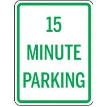 Green and white parking sign indicating 15 minute parking.
