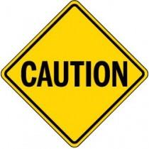 Yellow caution sign with black text on a white background