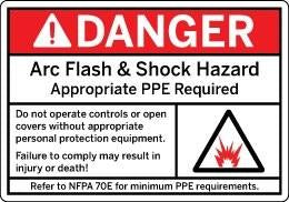 Safety sign warning of arc flash and shock hazard with PPE requirement.