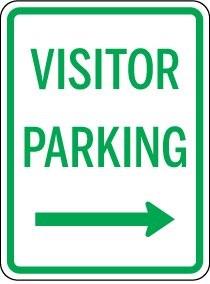 Visitor parking sign with an arrow pointing right on a white background