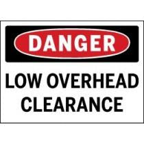Dangerous low overhead clearance sign with red circle and black text on a white background