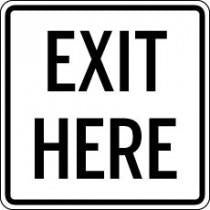 Exit Here sign with black text on a white background