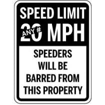 Speed limit sign with text 'Speed limit 20 MPH, speeders will be barred from this property'.