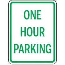 One hour parking sign with green text on a white background