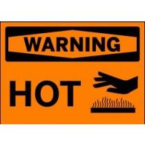 Warning sign indicating 'Hot' with a hand and flame symbol on an orange background