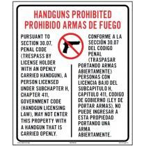 Sign prohibiting handguns with text and symbols in Spanish and English.