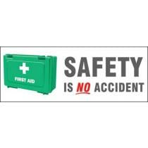 Green first aid kit with 'Safety is Not an Accident' slogan on a white background