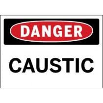 Danger Caustic warning sign with red border and black text on a white background