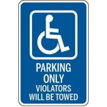 Handicap parking sign with text 'Parking Only Violators Will Be Towed' on a white background
