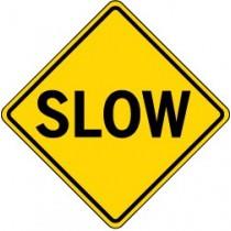 Yellow traffic sign with 'SLOW' text on a white background