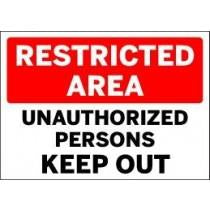 Sign with 'Restricted Area Unauthorized Persons Keep Out' text on a white background