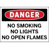 Safety sign with 'Danger' warning about no smoking, no lights, and no open flames.