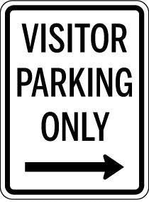 Visitor Parking Only sign with an arrow pointing right on a white background