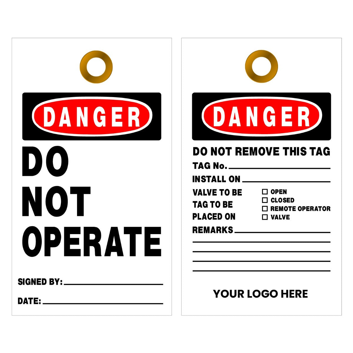 Two safety tags with 'Danger Do Not Operate' and 'Do Not Remove This Tag' text on a white background.