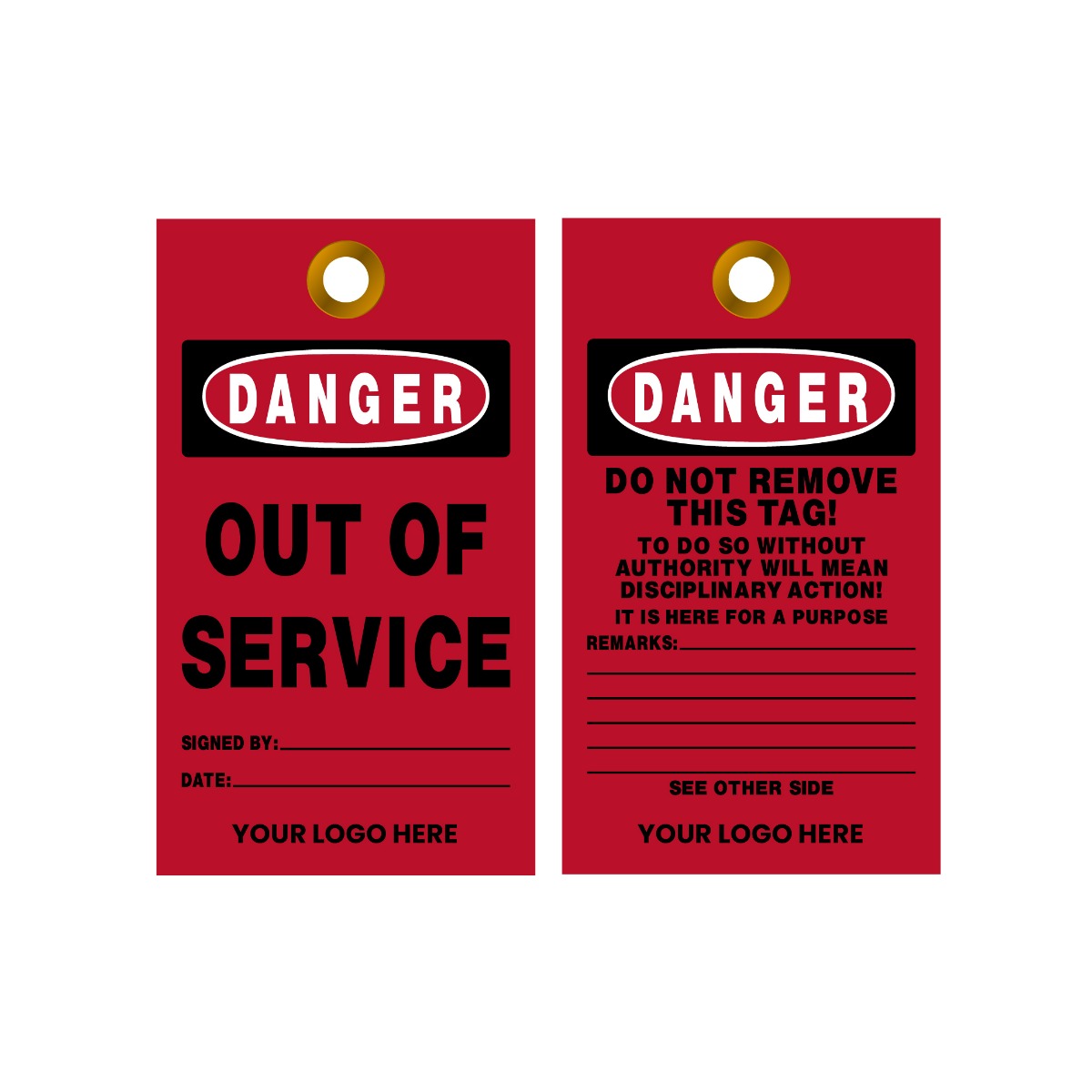 Two red 'Out of Service' tags with black text on a white background