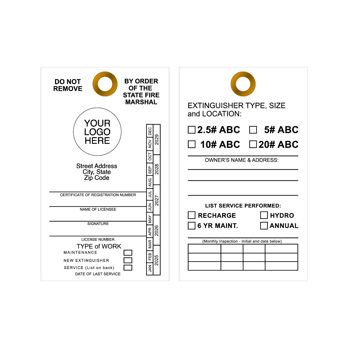 Extinguisher inspection tag with space for logo, text, and checkboxes on a white background