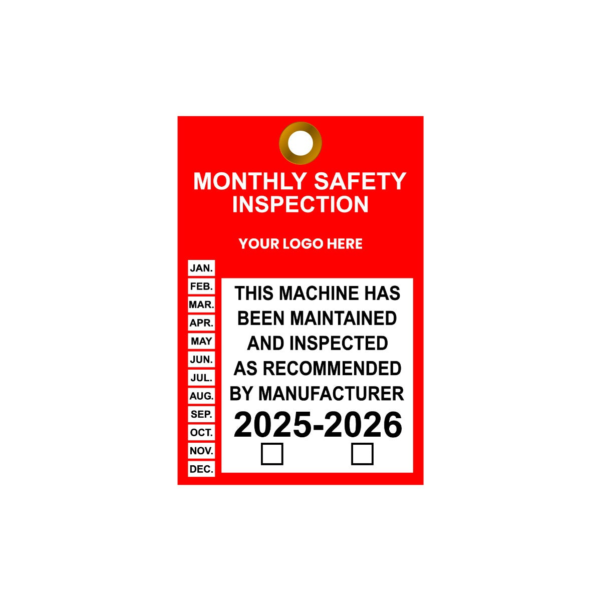 Red safety inspection tag with customizable text on a white background