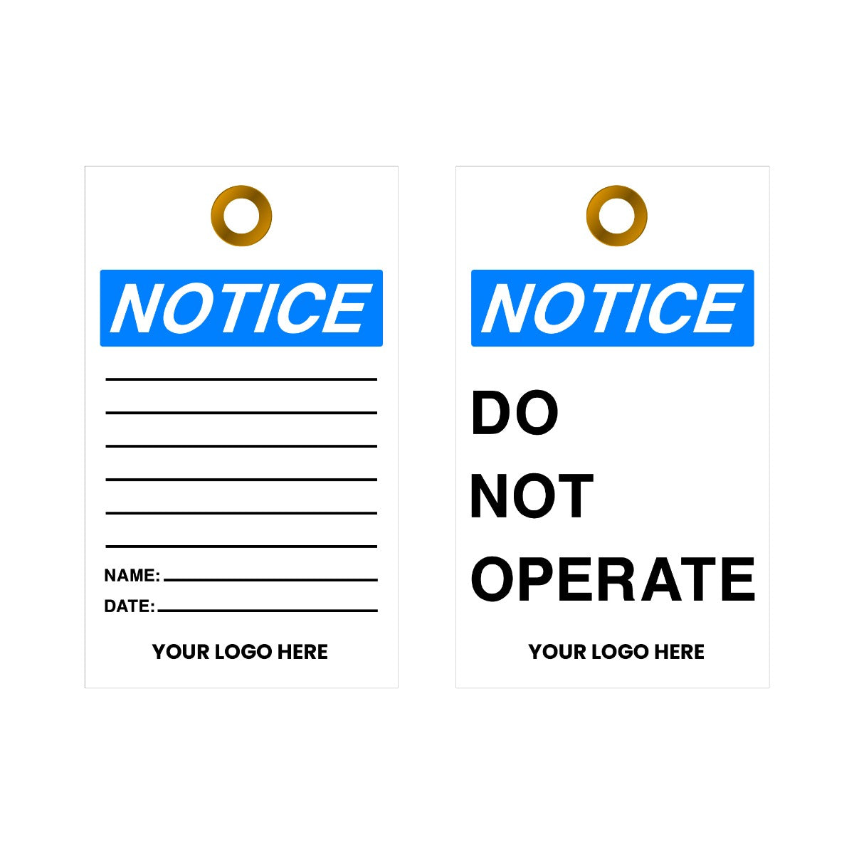 Two safety tags with 'Notice' and 'Do Not Operate' text on a white background.