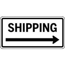 Rectangular sign with 'SHIPPING' text and an arrow pointing to the right on a white background