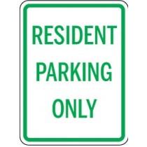 Sign with 'RESIDENT PARKING ONLY' text on a white background