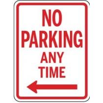 No Parking Any Time sign with a red border and text.