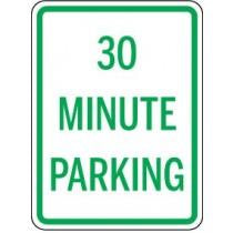 Green and white parking sign indicating 30 minute parking.