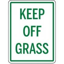 Sign with 'KEEP OFF GRASS' text on a white background