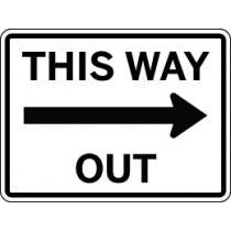 Sign with 'This Way Out' text and arrow on a white background