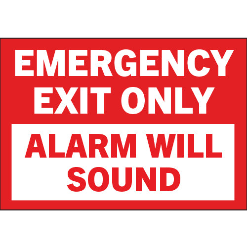 Emergency Exit Only sign with Alarm Will Sound warning