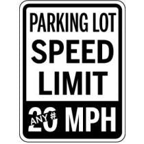 Parking lot speed limit sign with text 'SPEED LIMIT 20 MPH'.