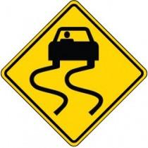 Yellow traffic sign with a black car icon and wavy line on a white background