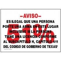 Warning sign in Spanish about illegal gun possession in Texas with red text on a white background.