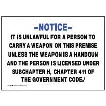 Notice sign about carrying weapons on a premise, with text and blue border.