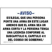 Warning sign in Spanish about carrying a weapon in a certain area, with text and blue border.
