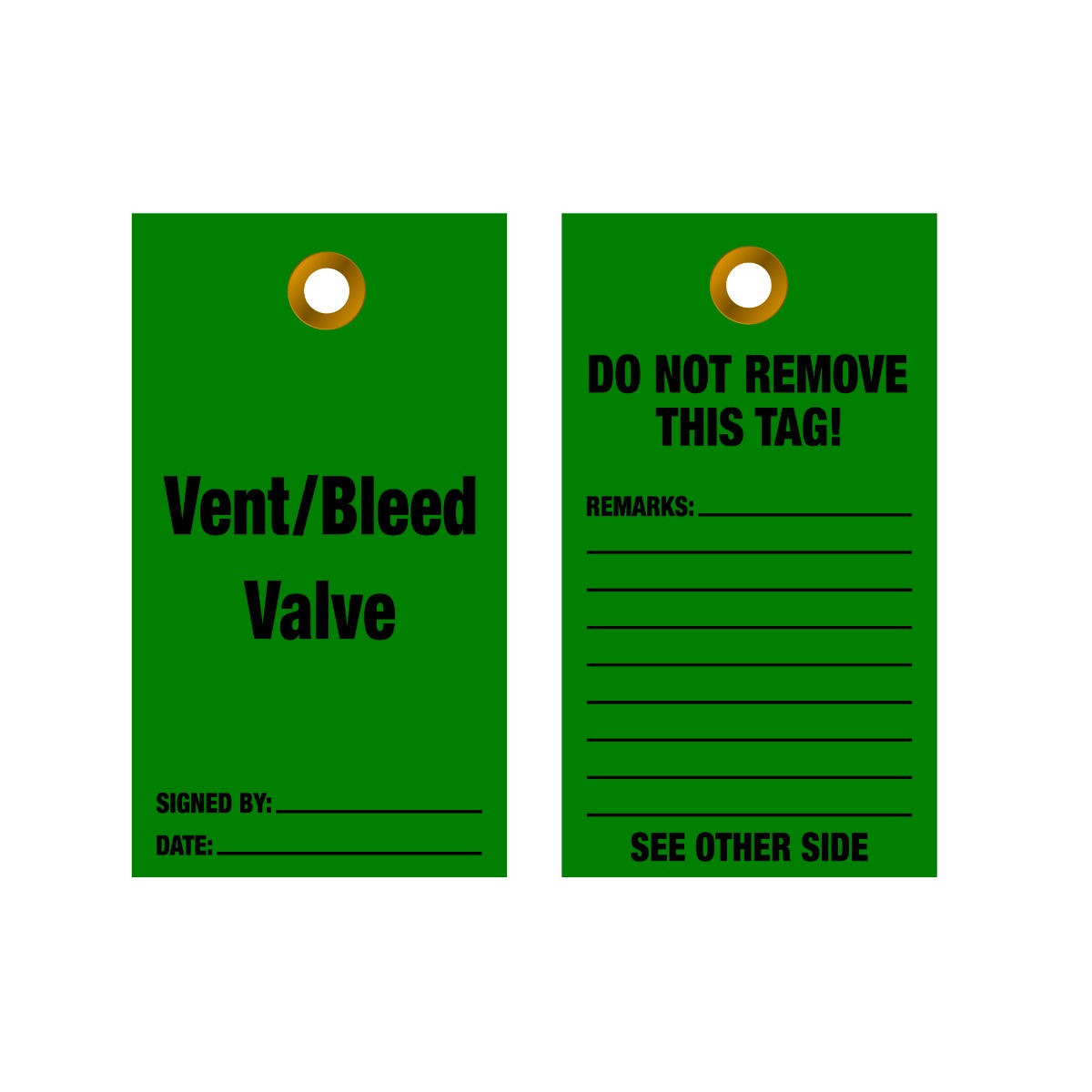 Two green tags with black text on a white background