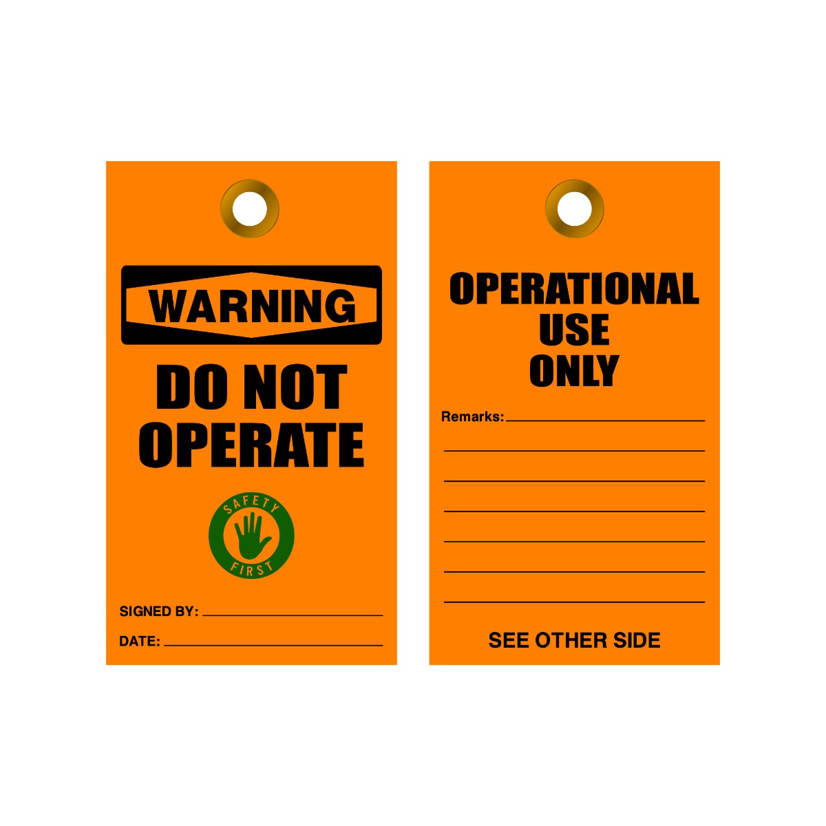 Two orange warning tags with text and a logo on a white background